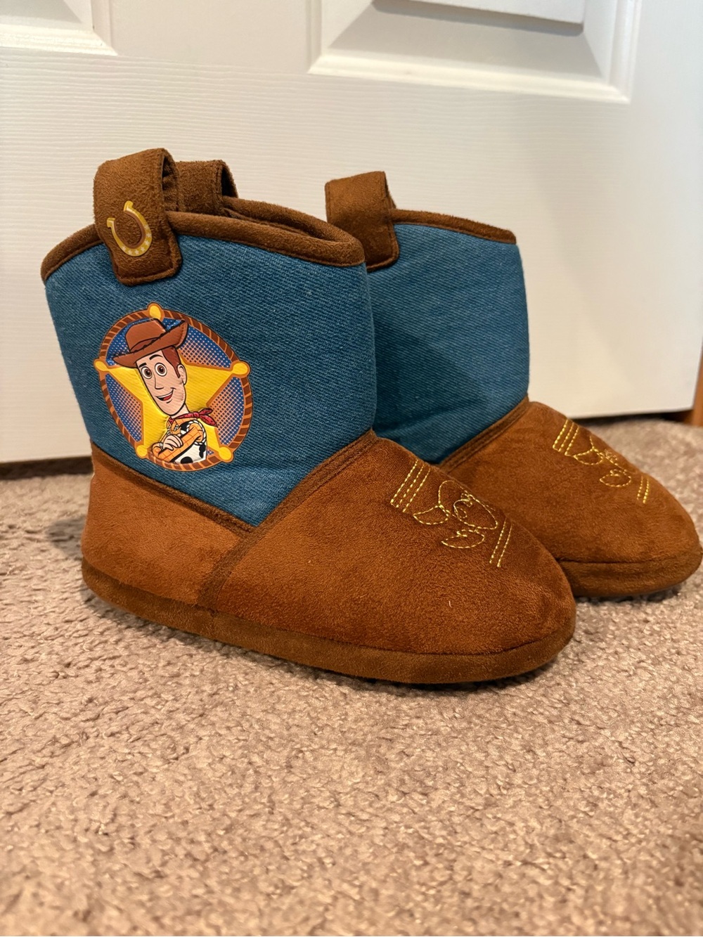 Kids Cowboy Character Boot Slippers in Brown and Blue